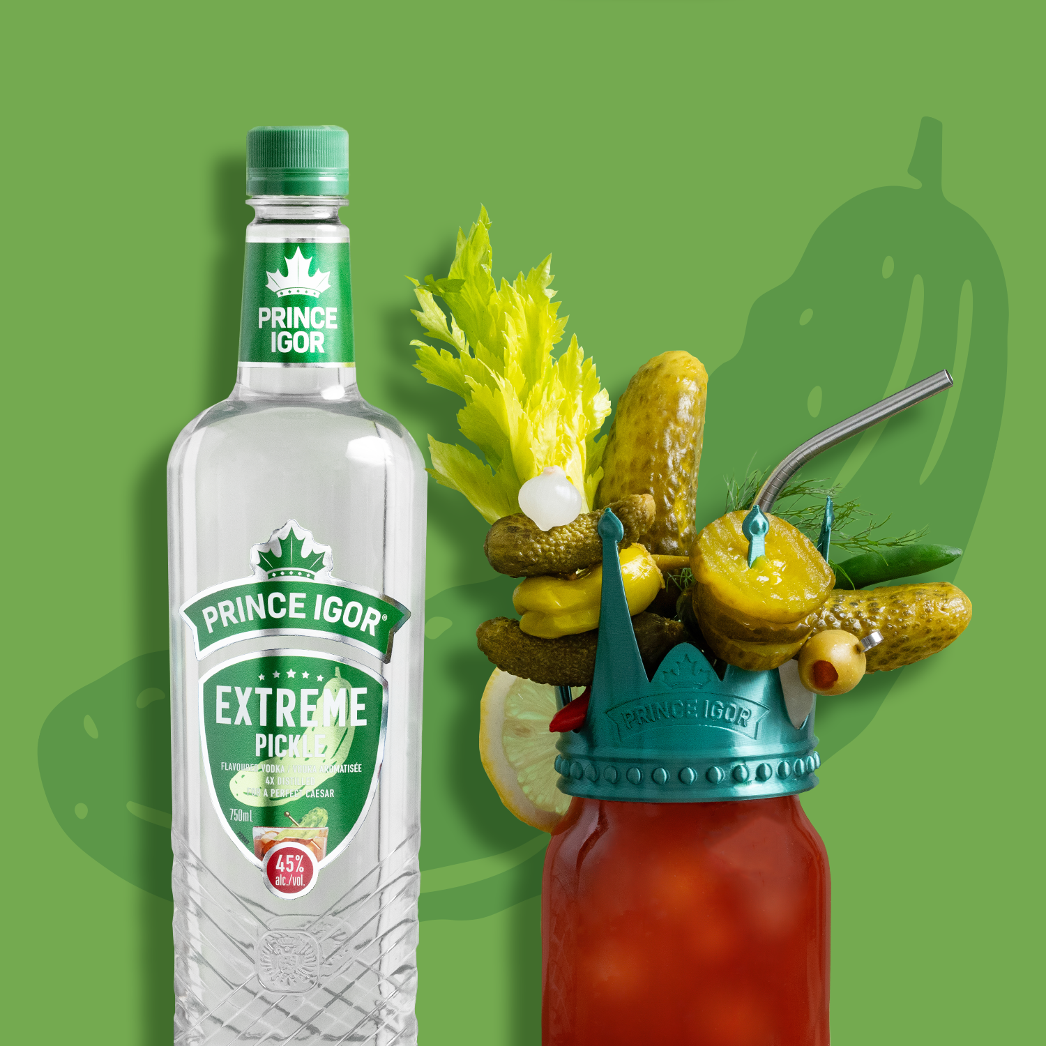 An Extreme Caesar and a bottle of Prince Igor Extreme Pickle Flavoured Vodka